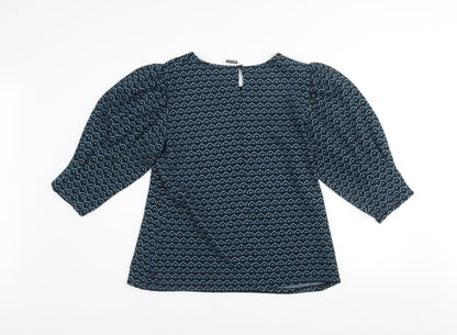 Gallery Women Blue Geometric Knit Puff Sleeve Pullover Jumper UK 16