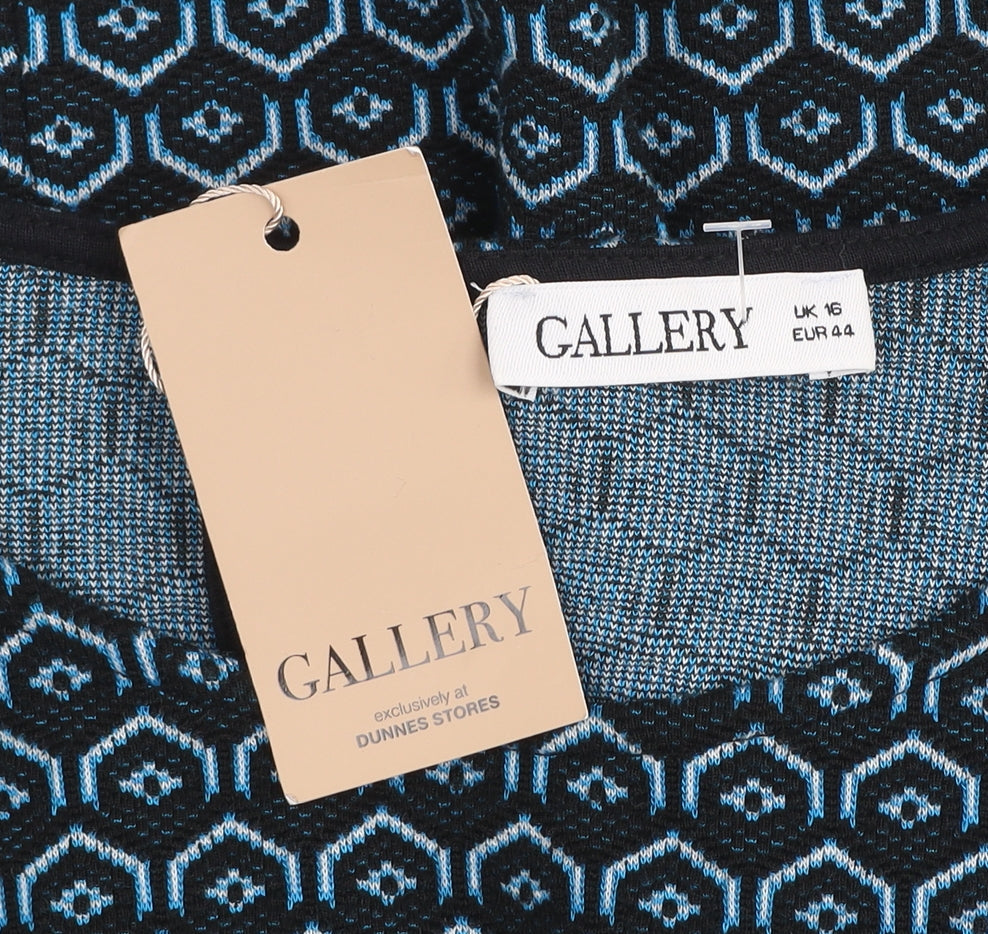 Gallery Women Blue Geometric Knit Puff Sleeve Pullover Jumper UK 16
