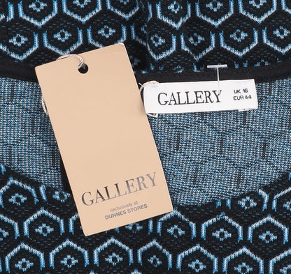 Gallery Women Blue Geometric Knit Puff Sleeve Pullover Jumper UK 16