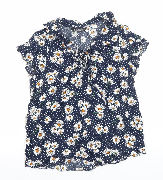 Dunnes Women's Blue Floral Ruffle V-Neck Blouse Size 10