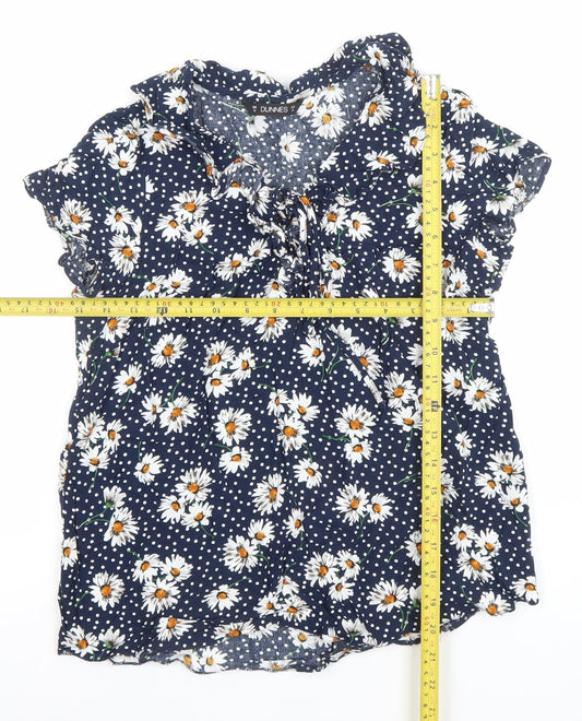 Dunnes Women's Blue Floral Ruffle V-Neck Blouse Size 10