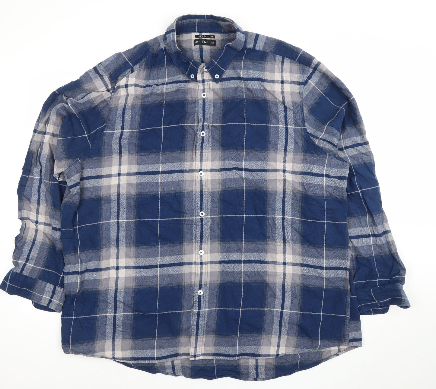 F&F Mens Blue Check Long Sleeve Cotton Button-Up Shirt 3XL