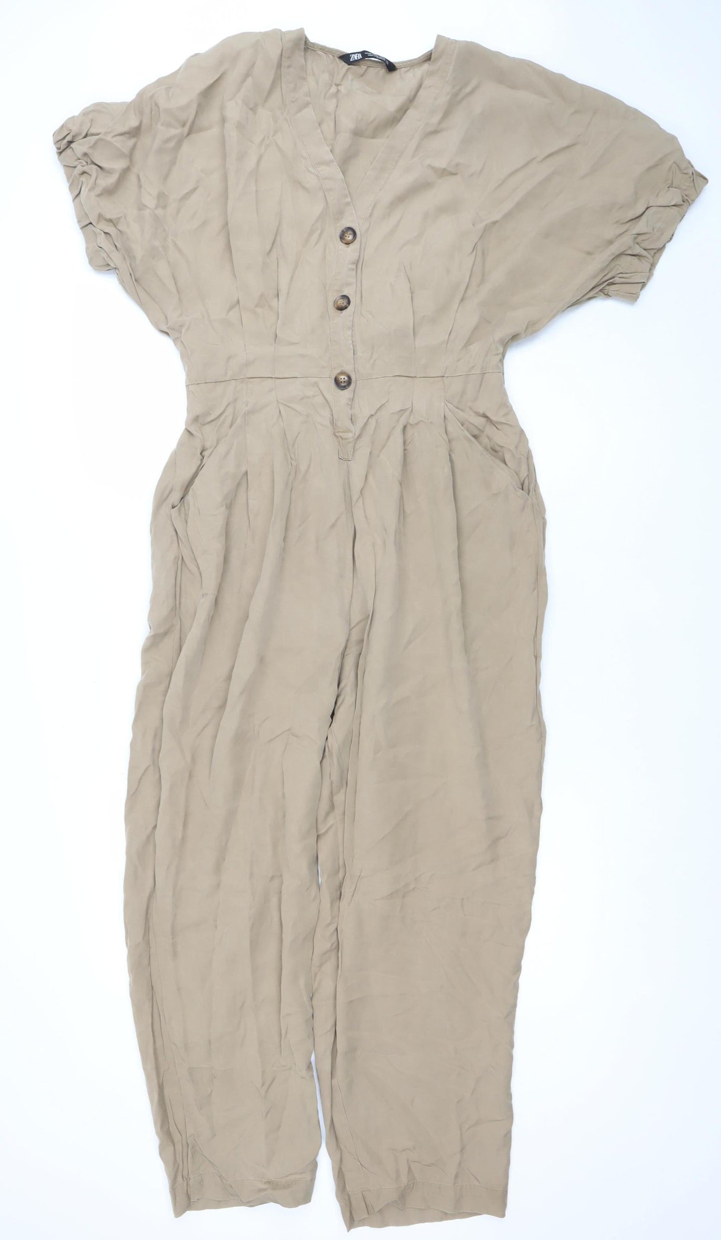 Zara Women Beige Viscose Belted Button Jumpsuit Size XL