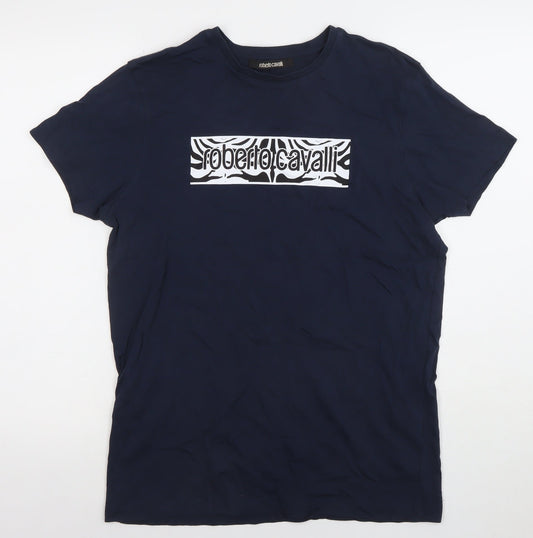 Roberto Cavalli Men's Blue Logo Cotton T-Shirt Size L