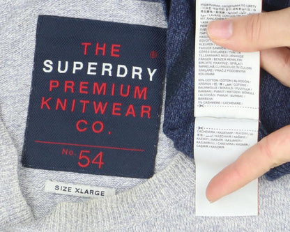 Superdry Men's Blue Striped Crew Neck Cotton Wool Blend Jumper XL