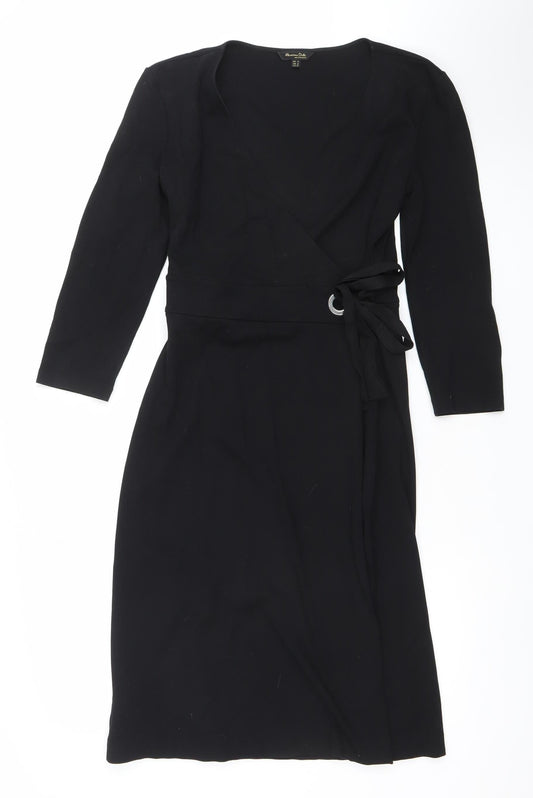 Massimo Dutti Women's Black Viscose Wrap Dress Size 8 Long Sleeve