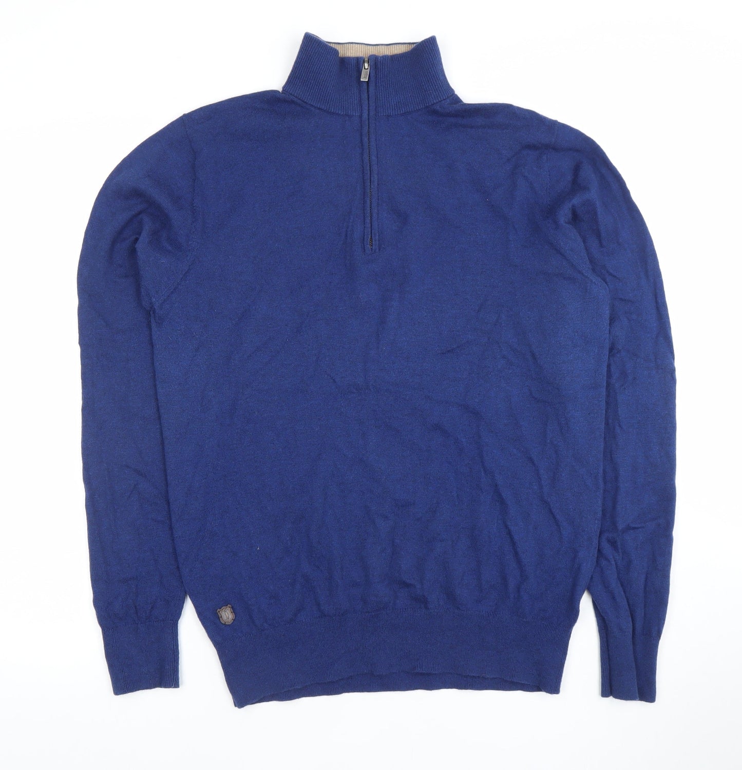 6th Sense Men's Blue Wool Cotton 1/4 Zip High Neck Jumper M