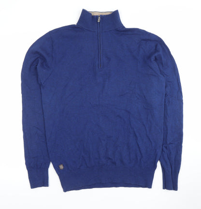 6th Sense Men's Blue Wool Cotton 1/4 Zip High Neck Jumper M