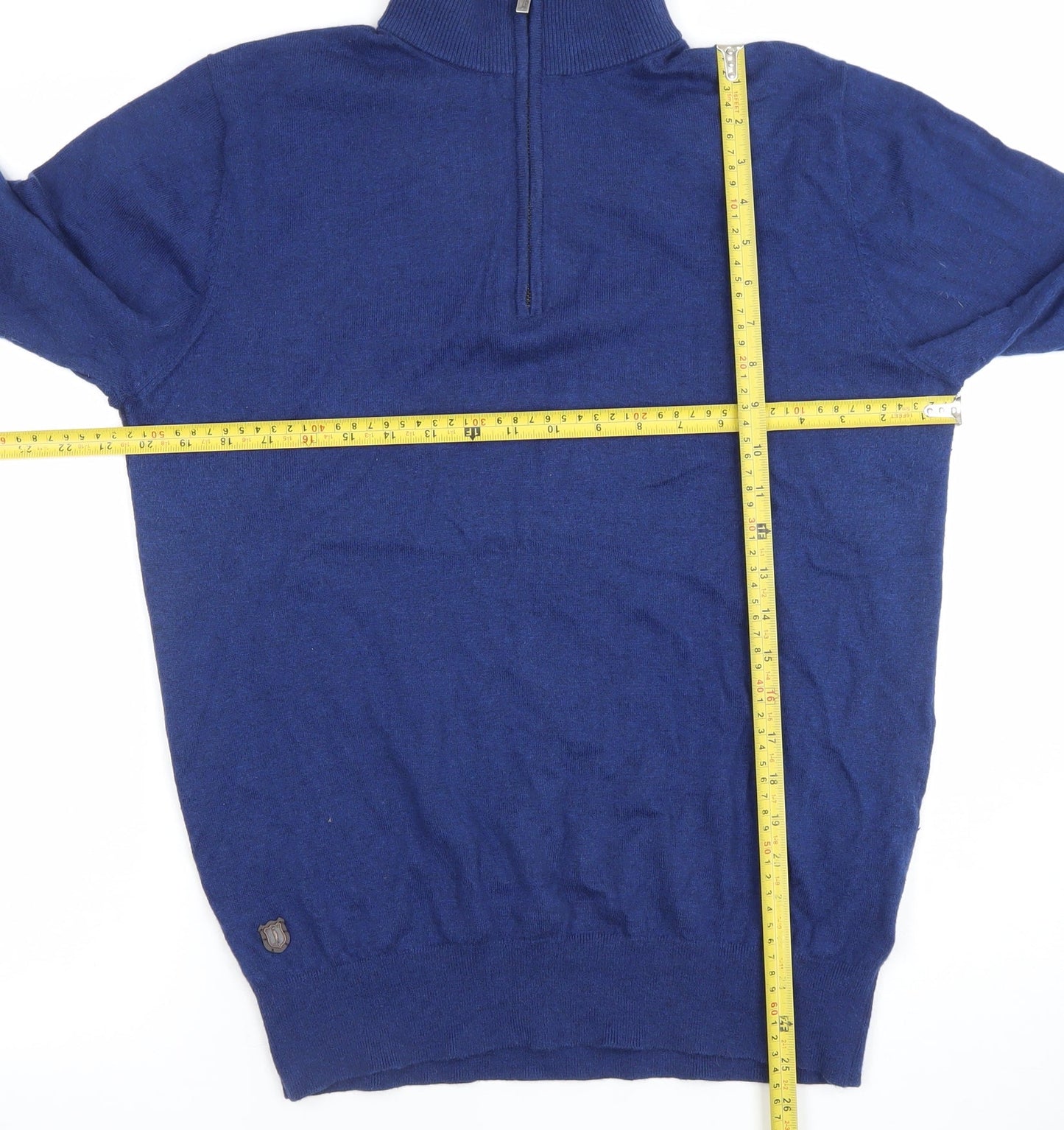 6th Sense Men's Blue Wool Cotton 1/4 Zip High Neck Jumper M