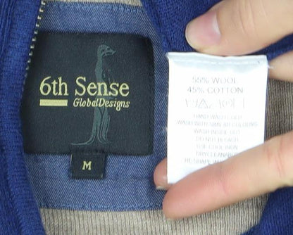 6th Sense Men's Blue Wool Cotton 1/4 Zip High Neck Jumper M