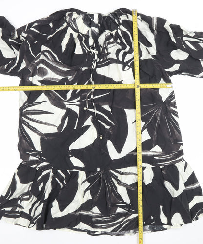 H&M Women’s Black Floral Viscose Short Dress Size XL Lightweight Summer Style