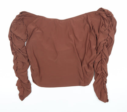 ASOS DESIGN Women's Brown Off Shoulder Ruched Long Sleeve Cropped Blouse UK 20