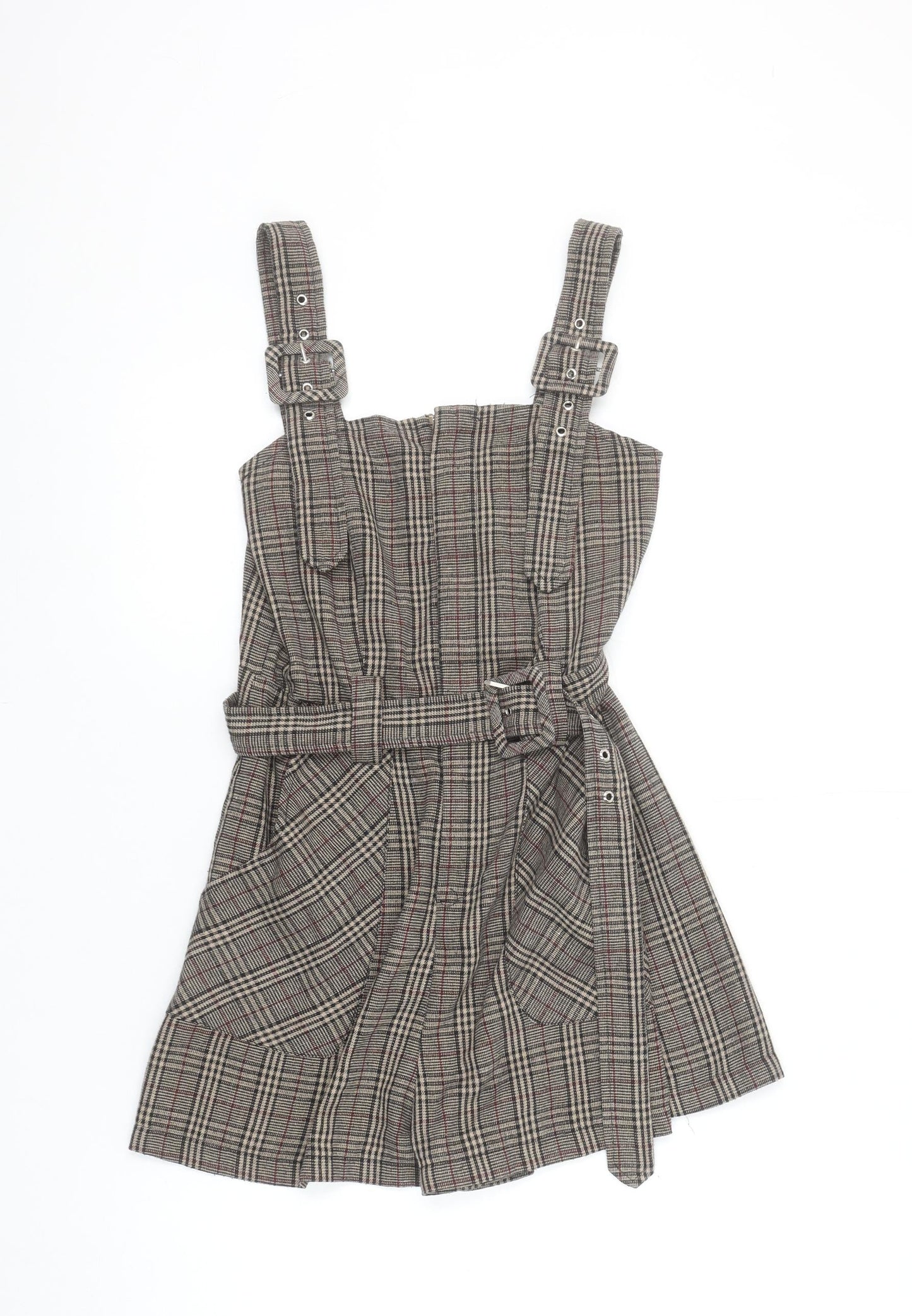 Boohoo Women’s Brown Check Belted Sleeveless Playsuit UK 10