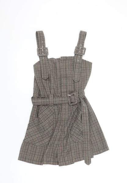 Boohoo Women’s Brown Check Belted Sleeveless Playsuit UK 10