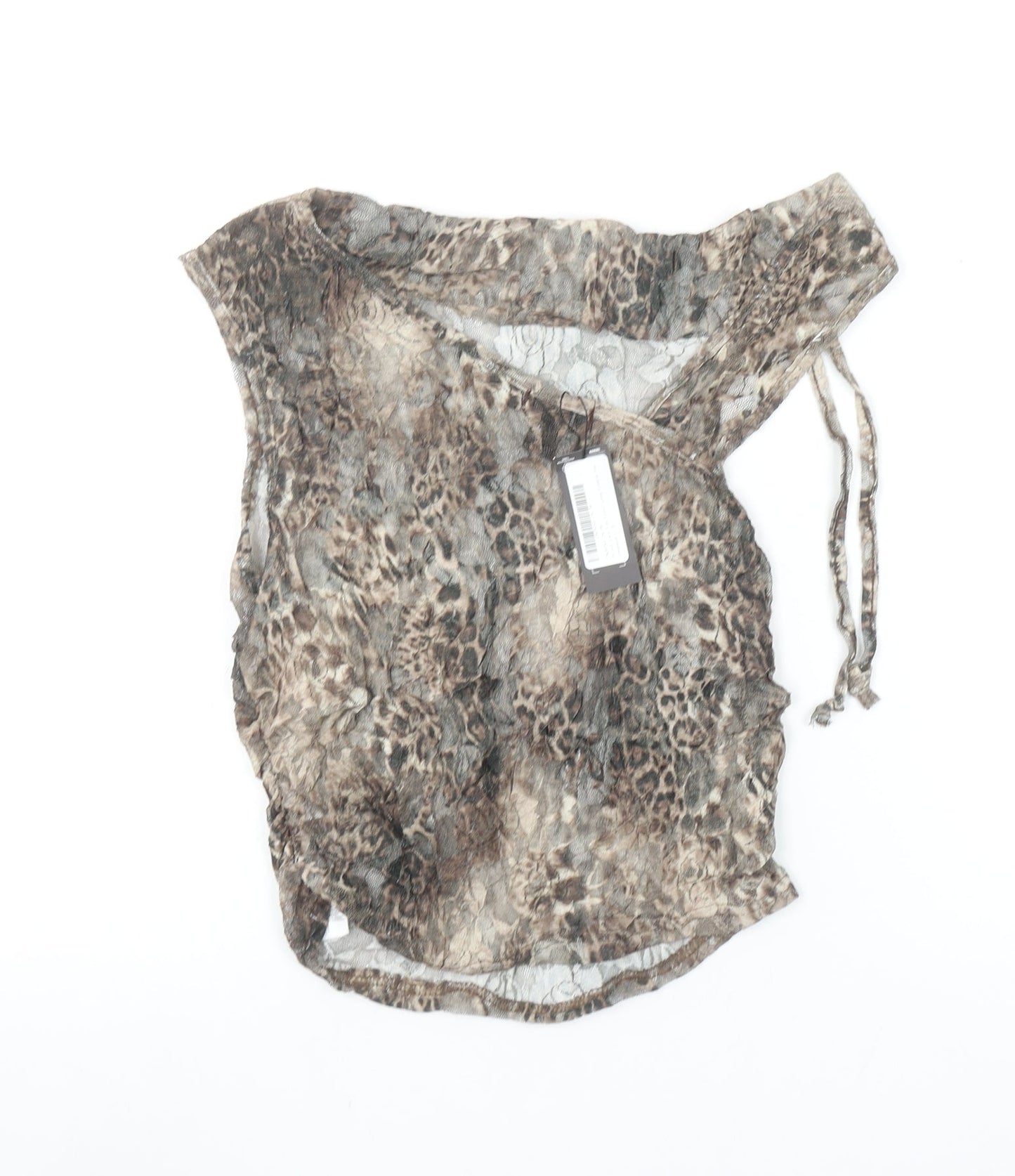 PrettyLittleThing Women's Brown Animal Print Mesh Off Shoulder Blouse Size 8