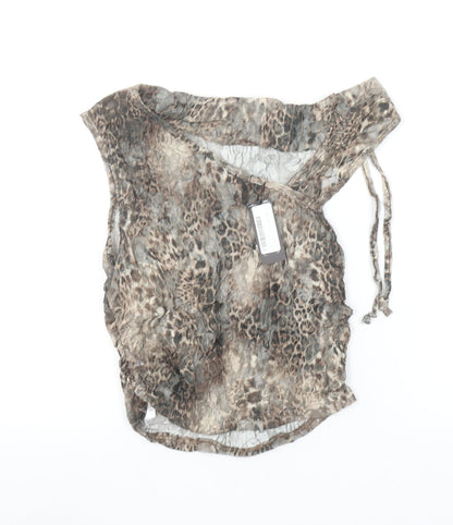 PrettyLittleThing Women's Brown Animal Print Mesh Off Shoulder Blouse Size 8