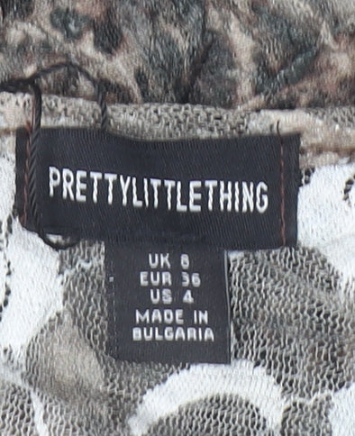 PrettyLittleThing Women's Brown Animal Print Mesh Off Shoulder Blouse Size 8