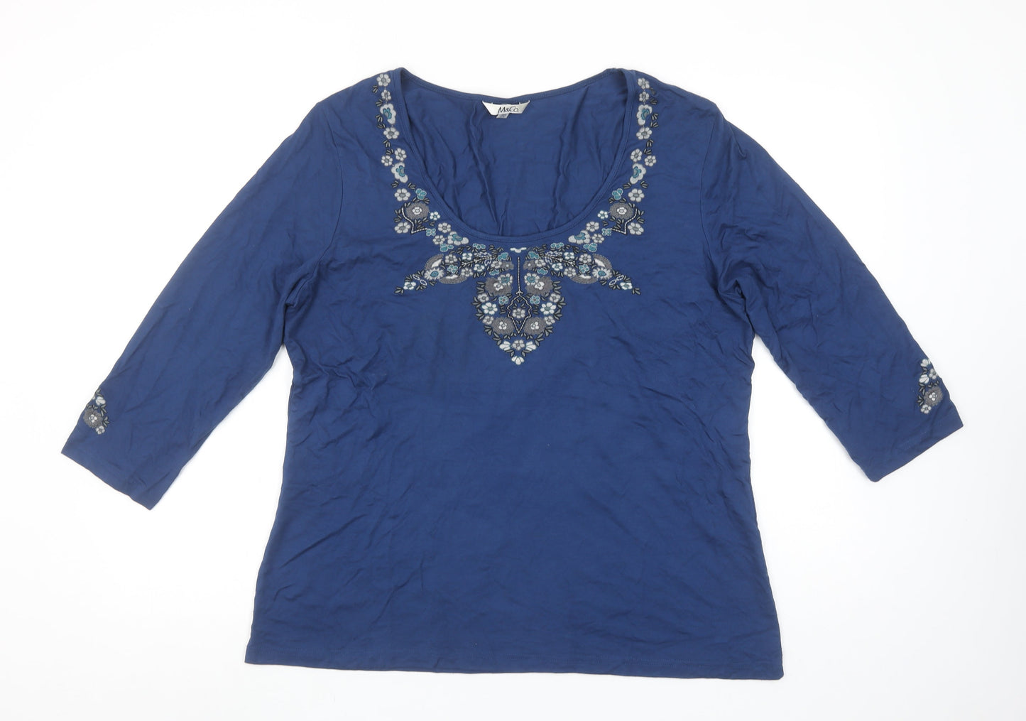 M&Co. Women's Blue Embroidered 3/4 Sleeve Tunic Blouse Size 20