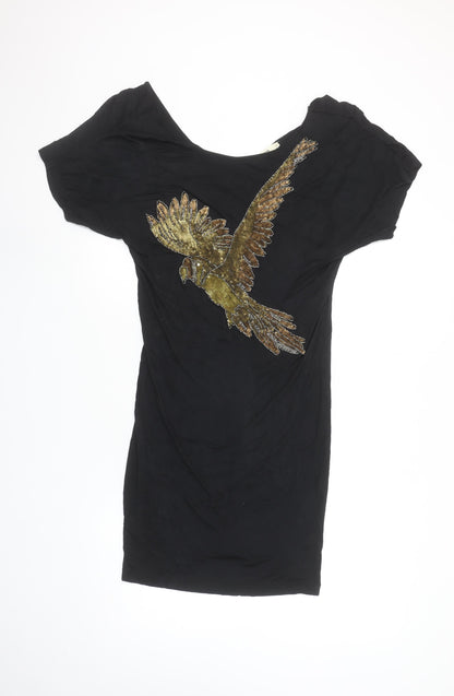 Oasis Women's Black Beaded Bird Bodycon Short Dress Size S