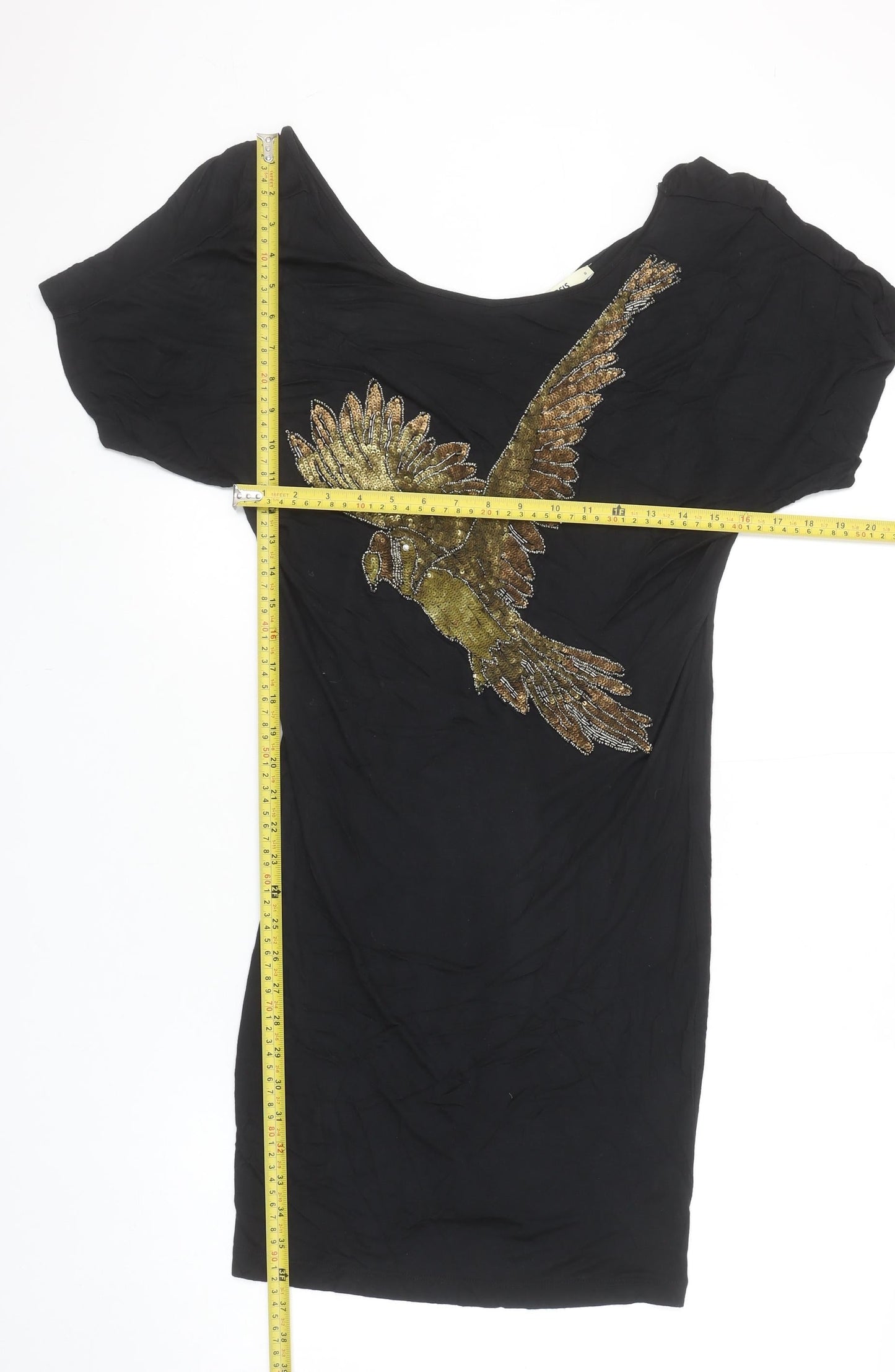 Oasis Women's Black Beaded Bird Bodycon Short Dress Size S