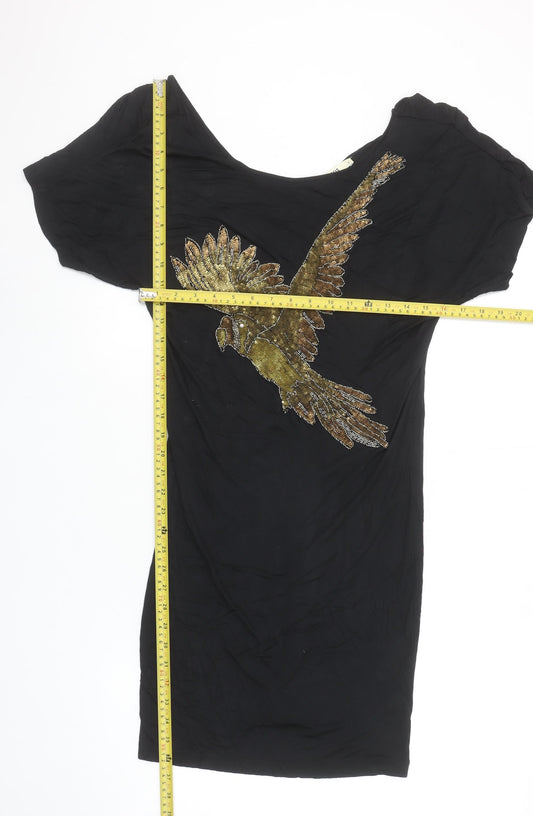Oasis Women's Black Beaded Bird Bodycon Short Dress Size S