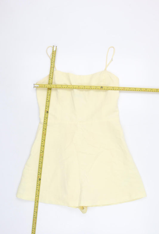 Zara Women Yellow Linen Blend Playsuit Size L Adjustable Straps Summer