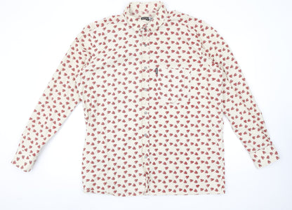 Woodin Men's Beige Red Patterned Button-Up Cotton Shirt XL