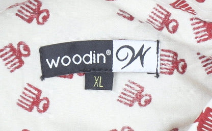 Woodin Men's Beige Red Patterned Button-Up Cotton Shirt XL