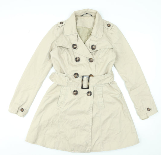 Dunnes Womens Beige Cotton Trench Coat Size 8 Belted Mid-Length