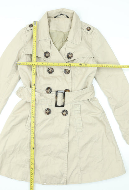 Dunnes Womens Beige Cotton Trench Coat Size 8 Belted Mid-Length