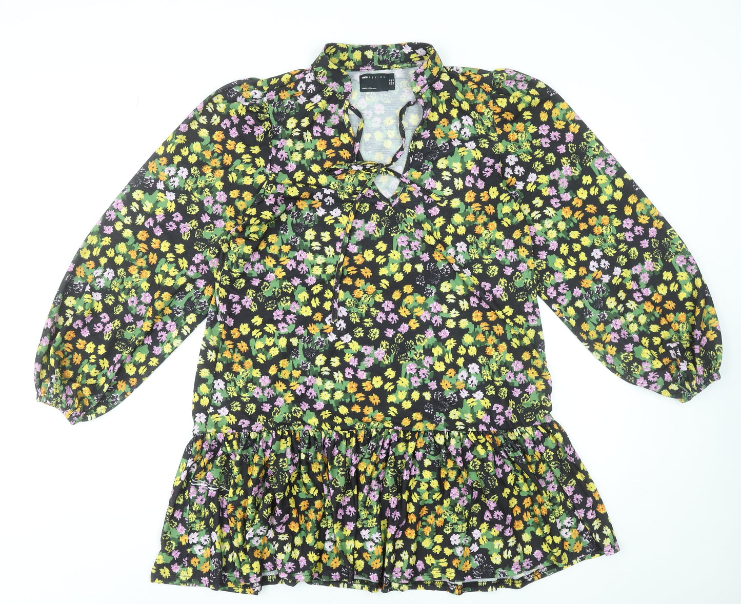 ASOS Design Women's Black Floral Long Sleeve Mini Dress UK 10