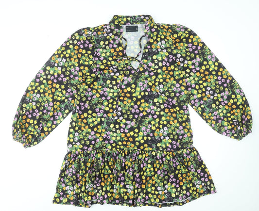 ASOS Design Women's Black Floral Long Sleeve Mini Dress UK 10