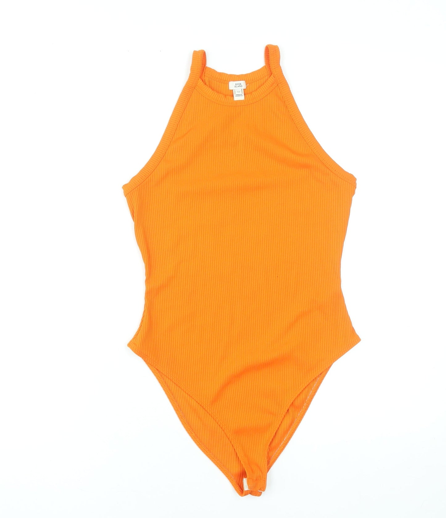 River Island Women's Orange Ribbed Bodysuit Size 12 High Neck