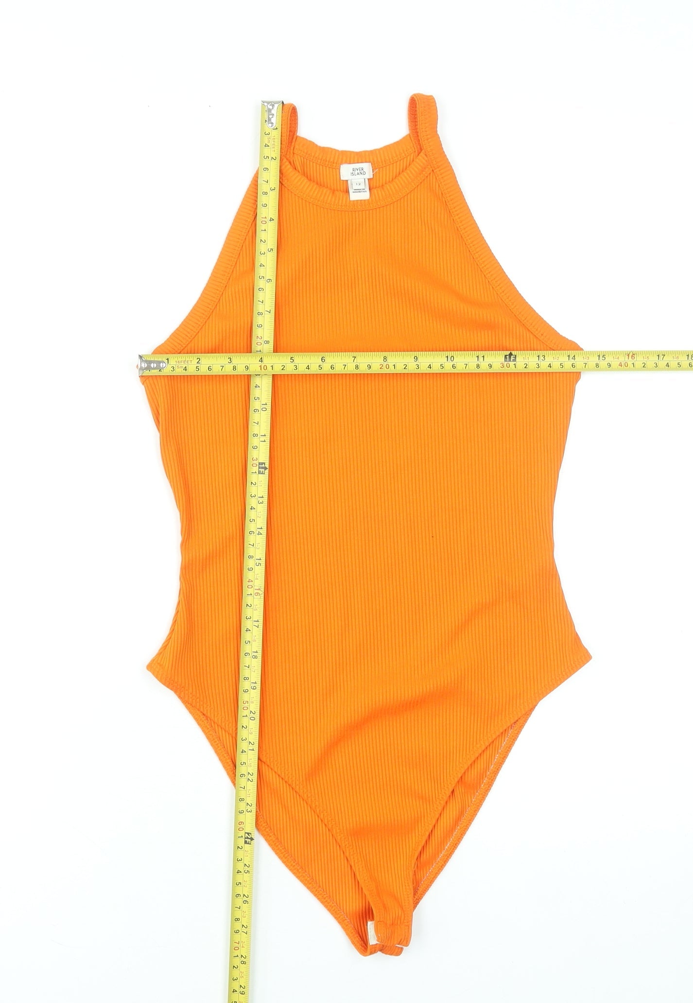 River Island Women's Orange Ribbed Bodysuit Size 12 High Neck