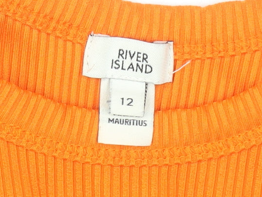 River Island Women's Orange Ribbed Bodysuit Size 12 High Neck