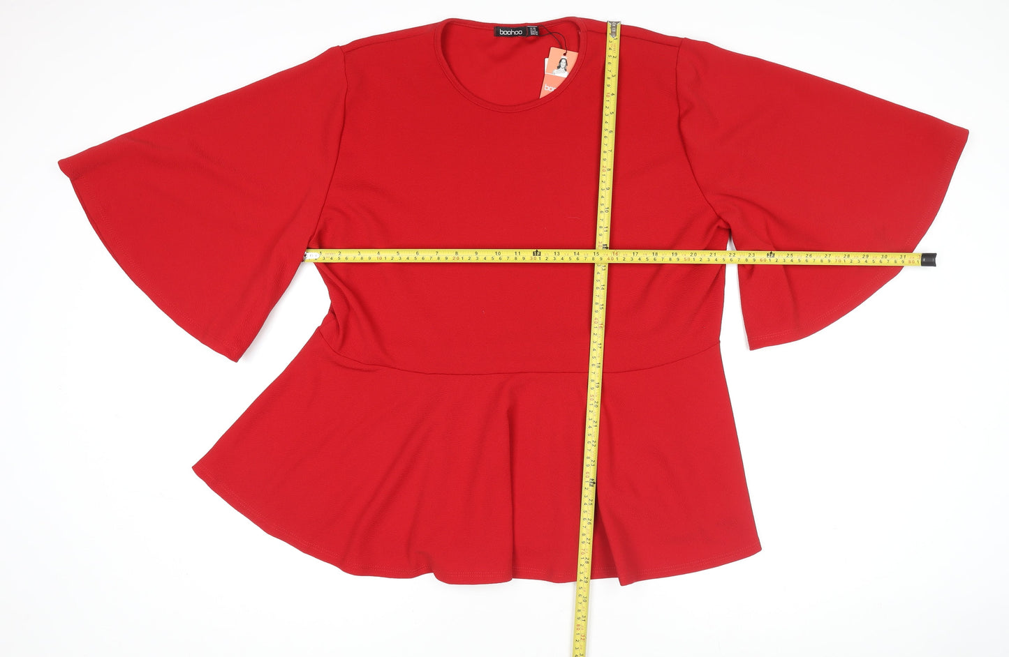 Boohoo Women's Red Peplum Tunic Top Size 26 Flared Sleeve Blouse