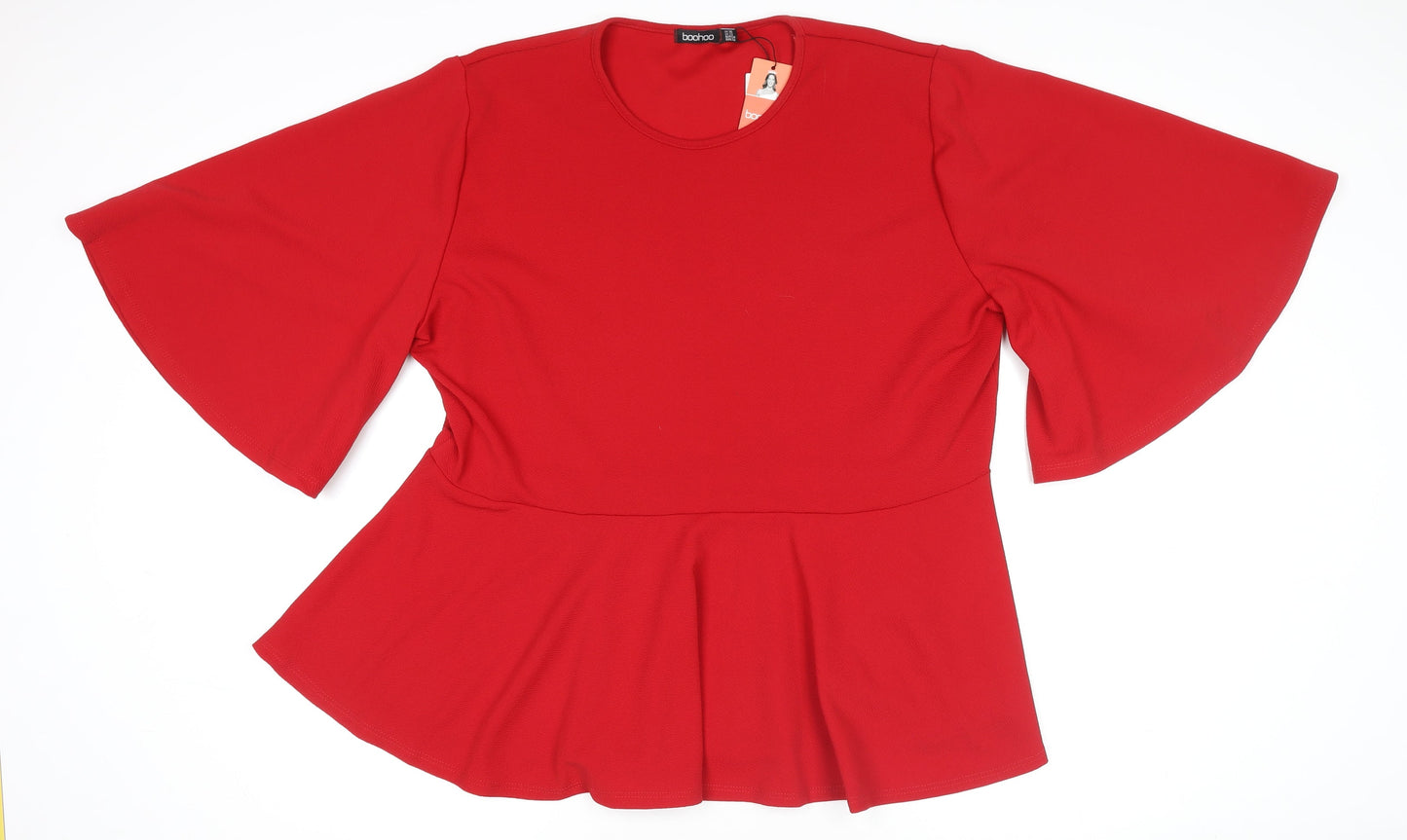 Boohoo Women's Red Peplum Tunic Top Size 26 Flared Sleeve Blouse
