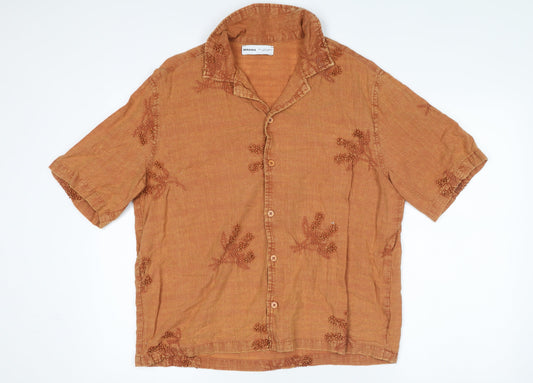 Bershka Women Brown Linen Embroidered Short Sleeve Button-Up Shirt Size 8