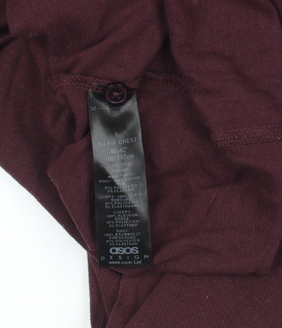 ASOS DESIGN Men’s Burgundy Long Sleeve Polo Shirt L Cotton Blend