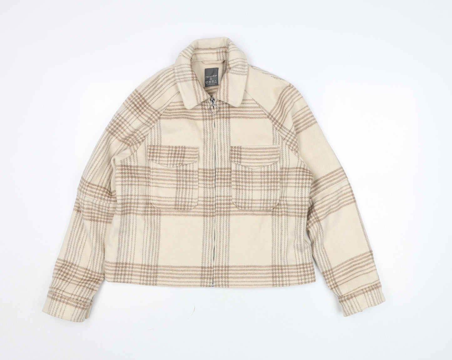 Primark Women Beige Plaid Wool Blend Lined Short Jacket S