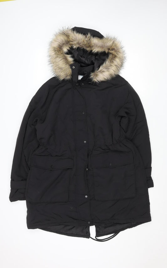 Primark Womens Black XS Hooded Parka Coat Faux Fur Trim Winter Jacket