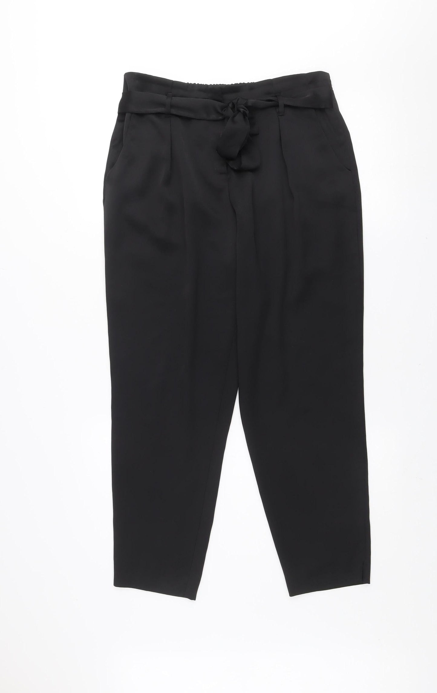 River Island Womens Black Paperbag Trousers Size 12 Belted Crepe