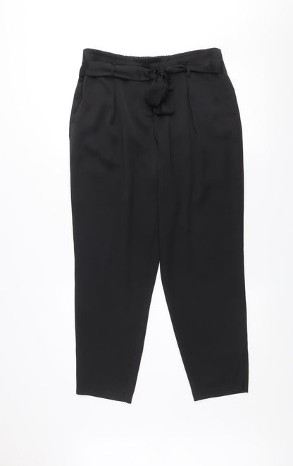 River Island Womens Black Paperbag Trousers Size 12 Belted Crepe