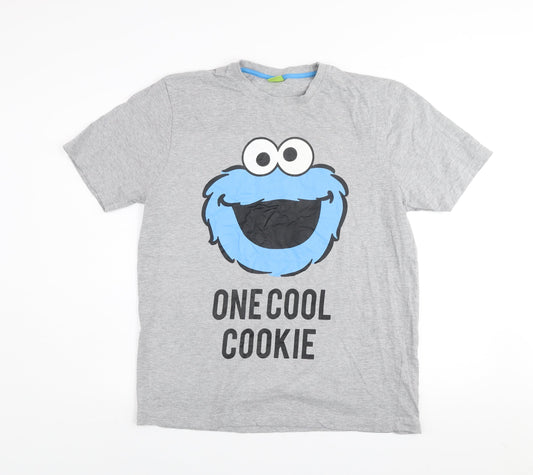 Sesame Street Men's Grey Large Short Sleeve Graphic Cookie Monster T-Shirt