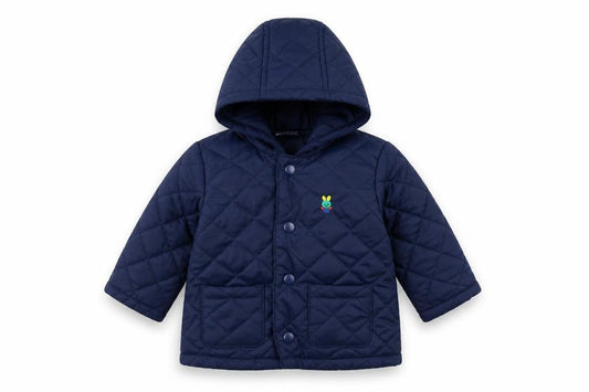 Front view of United Colors of Benetton Blue Quilted Hooded Jacket 3-6 Months