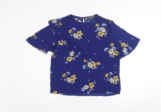 Primark Women's Blue Floral Ruffle Short Sleeve Tunic Blouse Size 10