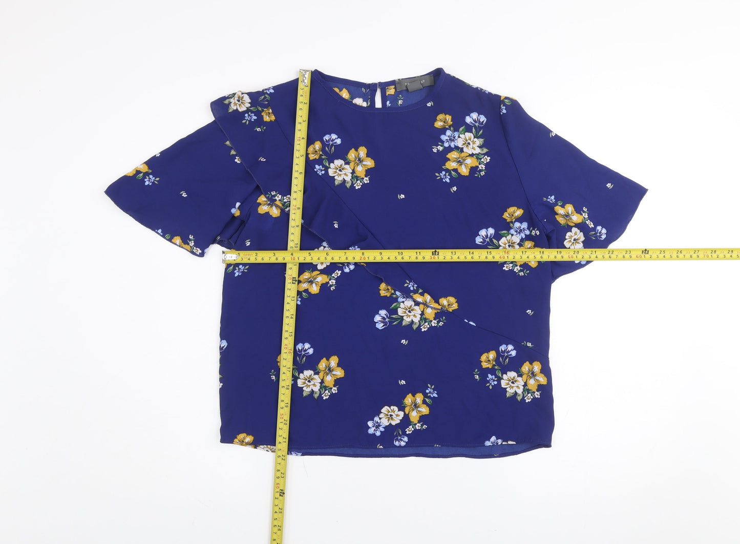 Primark Women's Blue Floral Ruffle Short Sleeve Tunic Blouse Size 10