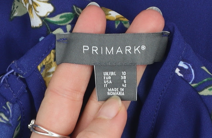 Primark Women's Blue Floral Ruffle Short Sleeve Tunic Blouse Size 10