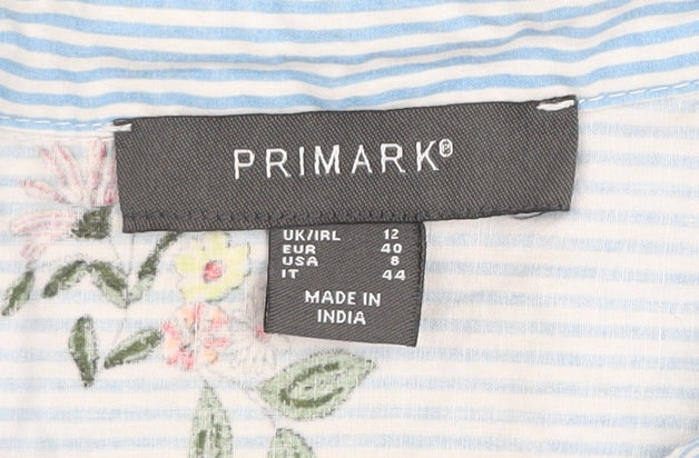 Primark Women's Blue Floral Stripe Cotton Button-Up Shirt Size 12