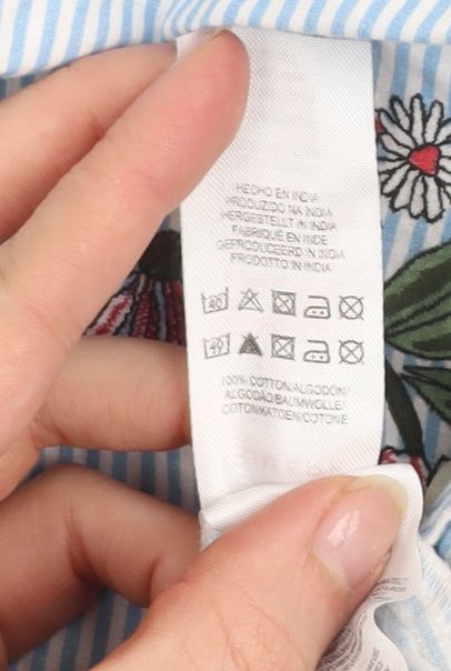 Primark Women's Blue Floral Stripe Cotton Button-Up Shirt Size 12